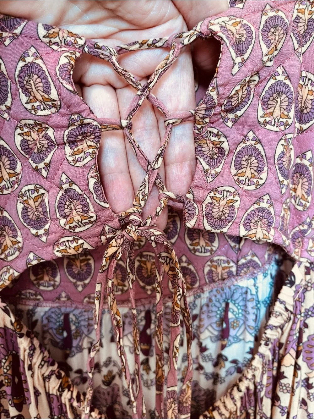 Spell Floral Boho/Gypsy Tiered Spaghetti Strap Maxi Dress - Pink Burgundy Cream - Picture 3 of 12